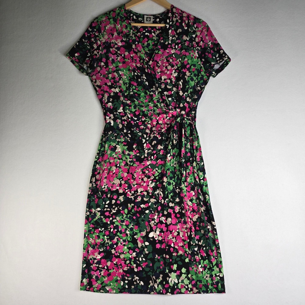 Anne Klein Floral Faux Wrap Dress Pink Green Navy Blue Size 6 Short Sleeve